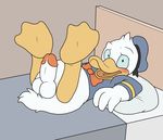  avian balls beak bed bird blueballs blush bottomless clothed clothing disney donald_duck duck embarrassed erection flat_colors half-dressed humanoid_penis legs_up looking_at_viewer lying male on_back on_bed open_mouth penis pillow solo 
