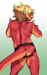  blonde_hair blush brown_eyes buddyfight butt clothing colored dragon drum_(buddyfight) green_background hair horn jockstrap looking_at_viewer looking_back male mooning multicolored_scales muscular orange_scales orange_skin red_scales red_skin rossciaco scales simple_background two_tone_scales two_tone_skin underwear 