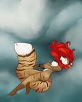  anthro breasts brown_fur brown_stripes candykittycat falling feline female firetally fur grey_background hair half-closed_eyes handcuffs mammal multicolored_fur nipples nude red_hair shackles simple_background solo stripes tiger two_tone_fur white_fur 