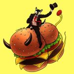  2015 anthro burger canine chimeradick claws dog food fruit hat horn husky male mammal necktie one_eye_closed riding simple_background suit thehuskyk9 toe_claws tomato tongue tongue_out top_hat yellow_eyes 