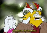 animal_humanoid anthro asgore_dreemurr beard blonde_hair brown_eyes caprine christmas clothing confusion dialogue duo facial_hair female goat hair holidays horn humanoid humor husband kasunshine male mammal necklace open_mouth sweat sweatdrop text toriel undertale video_games wife 