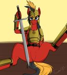 2015 armor blue_eyes equine fan_character female feral friendship_is_magic fur hair looking_at_viewer mammal melee_weapon multicolored_hair my_little_pony navel nude pegasus red_fur solo spreading sword tongue tongue_out two_tone_hair twotail813 twotail_(mlp) weapon wings 