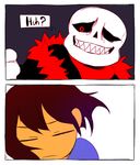  ? bone brown_hair clothing comic dialogue duo grin hair human knocker12 mammal protagonist_(underfell) protagonist_(undertale) red_eyes sans_(underfell) sans_(undertale) sharp_teeth skeleton teeth text underfell undertale video_games 