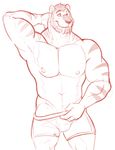  abs armpits beard bulge clothing facial_hair fangs feline hair hand_behind_head horrorbuns looking_at_viewer male mammal monochrome muscular navel nipples pecs simple_background solo stripes teasing tiger underwear white_background 