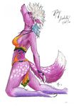  2010 anthro breasts canine clothed clothing female firetally fur hair half-closed_eyes kneeling mammal open_mouth purple_fur side_view simple_background solo white_background white_hair wolf 