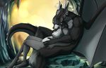  areola black_skin breasts canine cave dragon duo female firetally fur grey_fur half-closed_eyes horn inside male male/female mammal navel nipples nude pregnant sitting smile wings wolf 