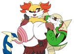  2015 amphibian anthro areola big_breasts blush breasts canine chesnaught delphox female fox frog fur greninja group group_sex inner_ear_fluff lactating male mammal milk mr.under nintendo nipples nude open_mouth pok&eacute;mon red_eyes sex simple_background smile threesome tongue video_games yellow_fur 