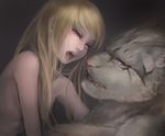  anthro blago blonde_hair blush convenient_censorship couple cute detailed digital_media_(artwork) duo eye_contact fangs feline female fur grey_fur hair hair_covering_breasts half-closed_eyes hi_res human interspecies long_hair looking_down looking_up male male/female mammal naturally_censored nude open_mouth pink_nose purple_eyes romantic sex simple_background stripes teeth tiger tongue whiskers 