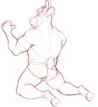  antlers anus butt cervine clothing deer hair hooves horn horrorbuns jockstrap looking_at_viewer looking_back male mammal monochrome muscular simple_background solo underwear white_background 