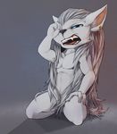  anthro big_ears convenient_censorship ear_piercing front_view hair hand_on_thigh kneeling league_of_legends long_hair male mammal navel nude one_eye_closed open_mouth pecs piercing rubbing_eyes sharp_teeth teeth teoleif toned video_games waking_up yordle 
