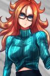  alternate_costume android_21 black-framed_eyewear blue_eyes blue_sweater breasts brown_hair curly_hair dragon_ball dragon_ball_fighterz glasses large_breasts long_hair looking_at_viewer ribbed_sweater solo st62svnexilf2p9 sweater turtleneck turtleneck_sweater upper_body 
