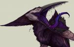 2014 ambiguous_fluids ambiguous_gender anthro avian feathers purple_feathers sharp_teeth simple_background solo tas teeth tongue 