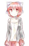 :/ bandaged_neck bow camisole contemporary expressionless hair_bow jacket large_bow miniskirt off_shoulder puchimirin red_eyes red_hair sekibanki skirt solo touhou 
