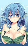  bare_shoulders blue_background blue_eyes blue_hair blush breasts bubble cleavage collarbone drill_hair full-face_blush gradient gradient_background head_fins jpeg_artifacts large_breasts looking_at_viewer maturiuta_sorato off_shoulder open_mouth short_hair solo touhou underwater upper_body wakasagihime 