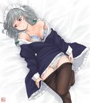  blue_eyes blush bow bra braid brown_legwear dress dutch_angle full-face_blush grey_hair hair_bow hair_ornament izayoi_sakuya kitano_(kitanosnowwhite) long_sleeves lying maid_headdress off_shoulder on_back on_bed panties pantyhose pantyhose_pull short_hair solo touhou twin_braids underwear watermark 