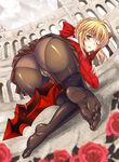  absurdres aestus_estus ass dress fate/extra fate_(series) feet flower highres looking_at_viewer nero_claudius_(fate) nero_claudius_(fate)_(all) panties panties_under_pantyhose pantyhose pussy_juice red_dress riyun_(halodark) rose solo sword thighhighs underwear weapon 