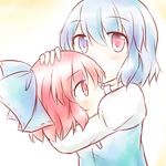  blush bow disembodied_head hair_bow head_hug heterochromia juliet_sleeves large_bow long_sleeves looking_at_another looking_at_viewer multiple_girls parody petting puchimirin puffy_sleeves red_eyes red_hair school_days sekibanki short_hair tatara_kogasa touhou 