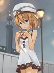  blanc blue_eyes blush brown_hair hat himajin_(starmine) lamppost neptune_(series) nervous night short_hair solo tower 