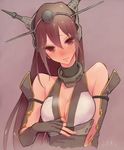  2015 bad_id bad_pixiv_id bare_shoulders between_breasts breasts brown_eyes brown_hair cleavage dated dress dress_tug elbow_gloves fingerless_gloves gloves hand_between_breasts headgear highres kantai_collection lavender_background long_hair looking_at_viewer looking_down medium_breasts nagato_(kantai_collection) no_nose noromi simple_background solo upper_body 