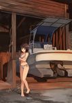  akemiho_tabi_nikki barefoot bikini black_hair boat fukube_tamaki highres kouno_hikaru navel red_eyes short_hair side-tie_bikini solo striped striped_bikini swimsuit vertical-striped_bikini vertical_stripes watercraft yacht 