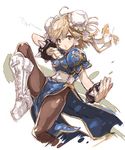  :o ahoge black_legwear blonde_hair blue_dress blush boots bracelet bun_cover china_dress chinese_clothes chun-li chun-li_(cosplay) cosplay cross-laced_footwear djeeta_(granblue_fantasy) double_bun dress eyeshadow granblue_fantasy haku_(sabosoda) highres jewelry lace-up_boots leg_up makeup open_mouth pantyhose pelvic_curtain puffy_short_sleeves puffy_sleeves sash short_hair short_sleeves side_slit simple_background sketch solo spiked_bracelet spikes street_fighter v-shaped_eyebrows white_background white_footwear yellow_eyes 
