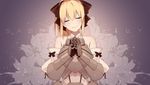  ahoge armor artoria_pendragon_(all) bow breastplate closed_eyes fate/stay_night fate/unlimited_codes fate_(series) flower gauntlets hair_bow hands_clasped highres lily_(flower) nk own_hands_together ponytail saber saber_lily smile solo 