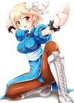  blonde_hair blue_dress blush boots bracelet brown_eyes brown_legwear bun_cover china_dress chinese_clothes chun-li chun-li_(cosplay) cosplay cross-laced_footwear djeeta_(granblue_fantasy) double_bun dress fang fighting_stance granblue_fantasy jewelry looking_at_viewer open_mouth outstretched_arms pantyhose pelvic_curtain puffy_short_sleeves puffy_sleeves sash short_sleeves side_slit solo spiked_bracelet spikes street_fighter tekehiro white_footwear 