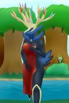  ambiguous_gender anthro anthrofied antlers areola being_watched breasts covering covering_self female forest hand_on_breast horn legendary_pok&eacute;mon nintendo nipples pok&eacute;mon river serperior standing towel tree video_games water wet xerneas 