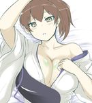  alphthelad arm_up blush breasts brown_eyes brown_hair cleavage collarbone flat_color highres japanese_clothes kaga_(kantai_collection) kantai_collection large_breasts looking_at_viewer lying muneate off_shoulder on_back parted_lips shirt_pull short_hair side_ponytail solo tsurime upper_body 