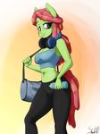  2015 anthro anthrofied bag bottle cleavage clothed clothing duffel_bag equine female friendship_is_magic headphones horse mammal midriff my_little_pony pony purple_eyes skecchiart solo tree_hugger_(mlp) yoga yoga_pants 