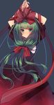  arm_ribbon arms_up bangs blush dress expressionless front_ponytail green_eyes green_hair hair_ornament hair_ribbon highres kagiyama_hina light_smile long_hair looking_at_viewer puffy_sleeves red_dress ribbon short_sleeves simple_background solo touhou usamata 