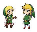  1boy 1girl blonde_hair boots gloves hand_on_hip hands_on_hips leather leather_boots leather_gloves link linkle long_hair official_style pointy_ears raised_eyebrow russell_dels smile sword the_legend_of_zelda the_legend_of_zelda:_the_wind_waker thigh_boots thighhighs toon_link weapon zelda_musou 