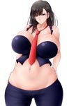  bare_shoulders black_hair blue_eyes breasts bursting_breasts cameltoe curvy glasses hands_on_hips huge_breasts long_hair looking_at_viewer navel necktie original saogokushi simple_background solo thick_thighs thighs white_background wide_hips 