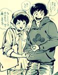  bad_id bad_twitter_id brothers dress_shirt hat ink_(medium) male_focus matsuno_osomatsu matsuno_todomatsu money_gesture monochrome multiple_boys osomatsu-kun osomatsu-san porkpie_hat shirt shorts siblings sketch smile tarasarami traditional_media 