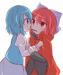  bandaged_neck blue_eyes blue_hair blush bow cape commentary_request eye_contact food hair_bow hands_on_another's_chest high_collar imminent_kiss jitome juliet_sleeves large_bow long_sleeves looking_at_another multiple_girls pocky pocky_day pocky_kiss puchimirin puffy_sleeves red_eyes red_hair sekibanki shared_food short_hair skirt tatara_kogasa touhou tunic yuri 