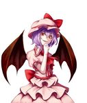  :d bat_wings dress hand_on_own_chin hat layered_dress mob_cap open_mouth puffy_short_sleeves puffy_sleeves red_eyes remilia_scarlet sakuramochi_(aozomesakura) short_hair short_sleeves simple_background smile solo touhou white_background wings 