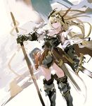  armor armored_boots armored_dress blonde_hair boots gauntlets granblue_fantasy headdress holding holding_weapon jeanne_d'arc_(granblue_fantasy) long_hair ribbon sketch so-bin solo sword thighhighs weapon winged_arms zettai_ryouiki 