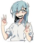  aqua_hair bad_id bad_pixiv_id bags_under_eyes ear_piercing earrings green_eyes hair_ornament hairclip jewelry kantai_collection long_hair open_mouth piercing sleeves_pushed_up smile solo suzuya_(kantai_collection) v yarawi 