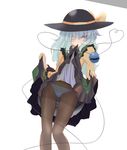  brown_legwear eyeball green_eyes green_hair hat hat_ribbon heart heart_of_string ishikkoro komeiji_koishi panties panties_under_pantyhose pantyhose ribbon short_hair skirt skirt_lift solo third_eye touhou underwear 