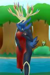  ambiguous_gender anthro anthrofied antlers areola being_watched breasts covering covering_self female forest hand_on_breast horn legendary_pok&eacute;mon nintendo nipples pok&eacute;mon river serperior standing story_in_description testowepiwko towel tree video_games water xerneas 