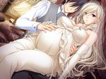  1girl blonde_hair blue_eyes breasts bridal_veil celia_kumani_entory couple diadem dress drill_hair dutch_angle elbow_gloves faceless faceless_male game_cg gloves hetero komori_kei large_breasts light_smile long_hair mizuno_takahiro non-web_source pregnant sitting sitting_on_lap sitting_on_person veil walkure_romanze 