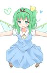  blush daiyousei fairy_wings green_eyes green_hair heart heart-shaped_pupils mickeysmith open_mouth outstretched_arms side_ponytail solo symbol-shaped_pupils touhou wings 