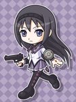  akemi_homura argyle argyle_legwear black_hair black_hairband black_legwear blue_eyes chibi commentary_request gun hairband handgun haru_kanata highres holding holding_gun holding_weapon long_hair looking_at_viewer magical_girl mahou_shoujo_madoka_magica outline pantyhose purple_background purple_skirt running school_uniform shadow shield skirt solo soul_gem weapon 