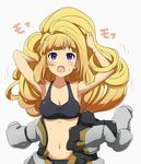  armpits arms_up blonde_hair breasts cleavage gundam gundam_tekketsu_no_orphans kudelia_aina_bernstein long_hair medium_breasts nana-ine navel purple_eyes solo taut_clothes very_long_hair 