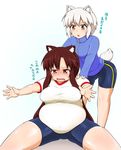  :o animal_ears big_belly bike_shorts blush breasts brown_hair commentary_request d: double_chin exercise fang fat gym_uniform helping hitotsubashi_inari imaizumi_kagerou inubashiri_momiji jacket large_breasts legs long_hair multiple_girls open_mouth outstretched_arms reaching_out red_eyes shirt silver_hair skindentation stretch sweater_jacket tail taut_clothes taut_shirt tears thick_thighs thighs tight touhou track_jacket translated v-shaped_eyebrows very_long_hair wolf_ears wolf_tail 