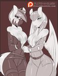  2015 anthro areola avante92 breasts cleavage clothed clothing duo equine fan_character female mammal monochrome my_little_pony nipples overalls pearl_flywright_(oc) pegasus pyrite_(oc) sepia wings zebra 