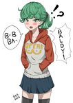  1girl alternate_hairstyle artist_name black_legwear blush clothes_writing cosplay cowboy_shot curly_hair english eyebrows eyebrows_visible_through_hair green_eyes green_hair hands_in_pocket highres hood hoodie one-punch_man oppai_hoodie ponytail rzr saitama_(one-punch_man) saitama_(one-punch_man)_(cosplay) short_hair sketch skirt solo sweatdrop tatsumaki thighhighs wavy_mouth zettai_ryouiki 