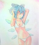  arm_behind_head arms_up bikini blue_eyes blue_hair bow breasts cirno cleavage collarbone cowboy_shot hair_bow highres ice ice_wings looking_at_viewer parted_lips pink_background short_hair small_breasts smile solo swimsuit touhou traditional_media watercolor_(medium) white_bikini wings yuyu_(00365676) 
