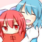  :d ^_^ blue_hair bow cape closed_eyes covered_mouth hair_bow high_collar hug hug_from_behind juliet_sleeves long_sleeves multiple_girls open_mouth puchimirin puffy_sleeves red_eyes red_hair sekibanki short_hair smile tatara_kogasa touhou 