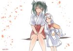  ^_^ aunt_and_niece closed_eyes closed_mouth commentary doll doll_hug grey_hair hair_ribbon hairband hakama_skirt japanese_clothes kantai_collection long_hair long_sleeves multiple_girls red_skirt ribbon sensen short_hair short_sleeves shoukaku_(kantai_collection) skirt smile twintails white_hair white_ribbon younger zuikaku_(kantai_collection) 